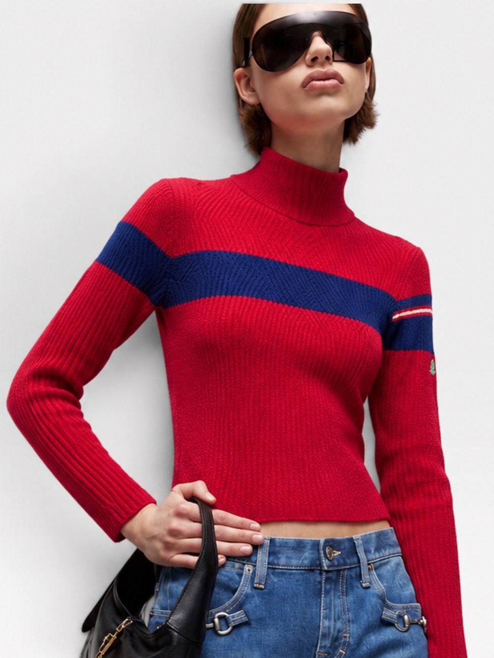 VTG 80s United Colors of Benetton Ribbed Knit Ski Turtleneck Sweater Red Small